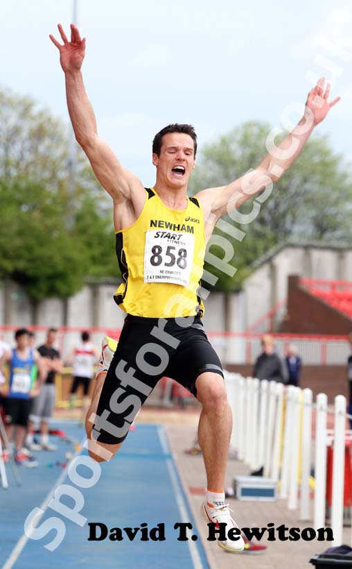 Chris Kirk (Newham & Essex Beagles) wins the long jump title with a championship record, 2012 North Eastern Championships.